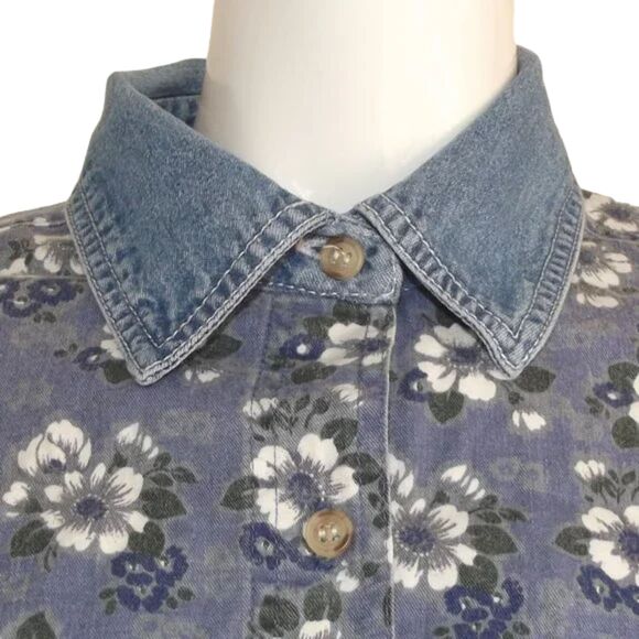 ROUTE 66 Denim Shirt-Jacket, S, Blue Floral, Accent collar, Long sleeve, Buttons - Picture 2 of 11